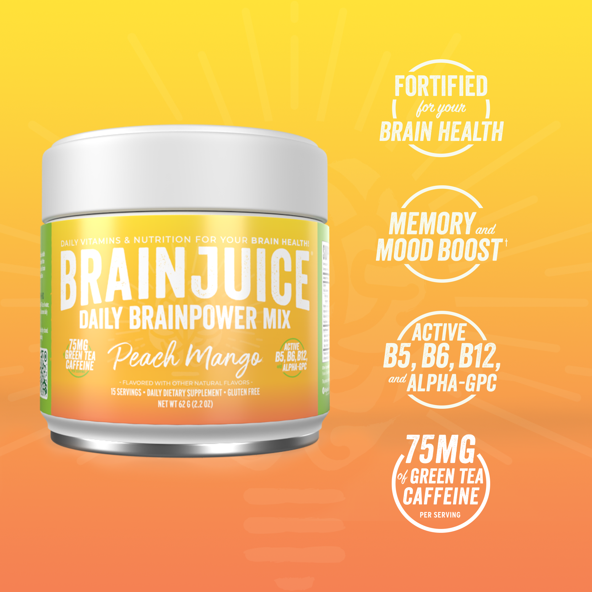 BrainJuice Daily BrainPower Mix Peach Mango - 15 Servings