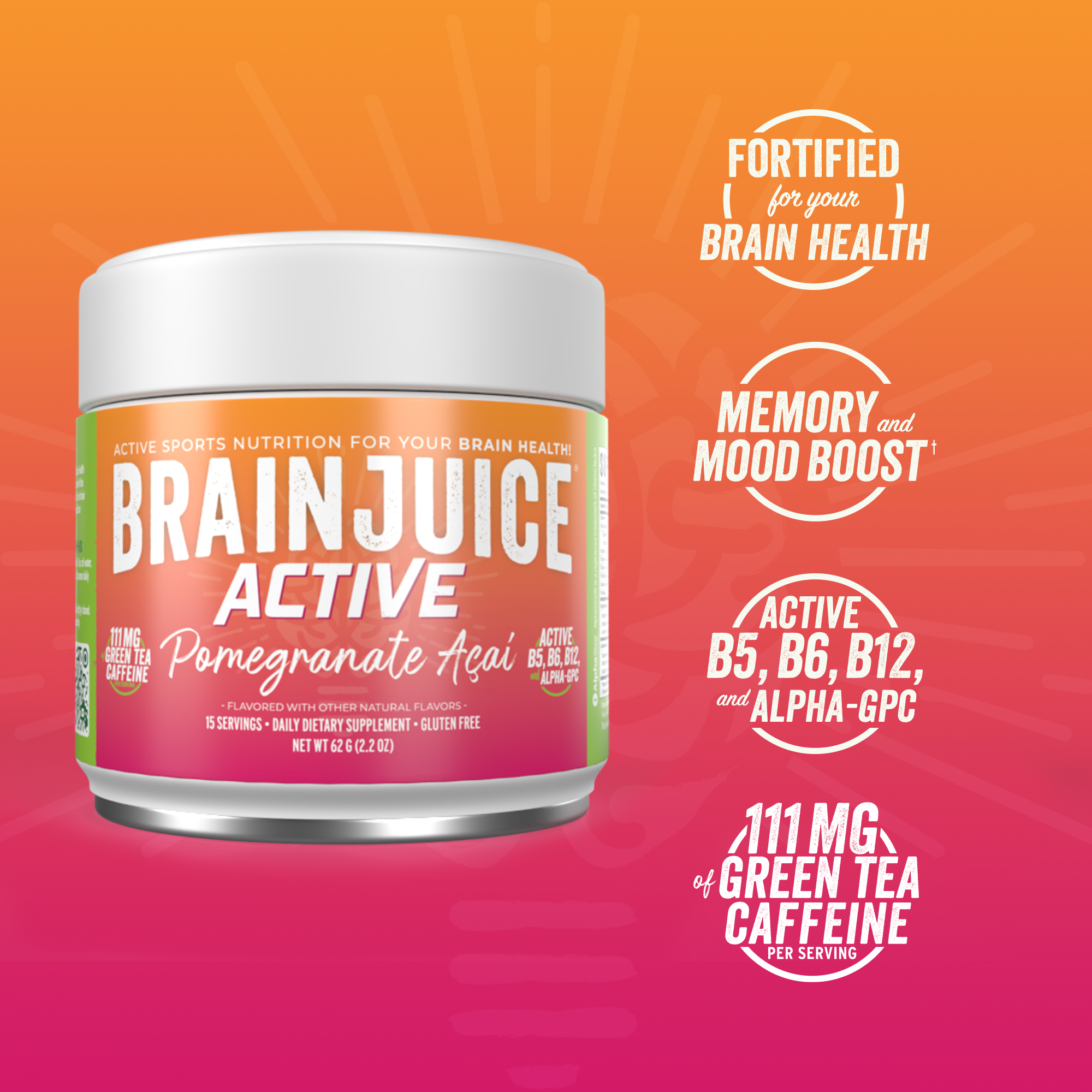 BrainJuice ACTIVE Pomegranate Acai Daily BrainPower Mix - 15 Servings