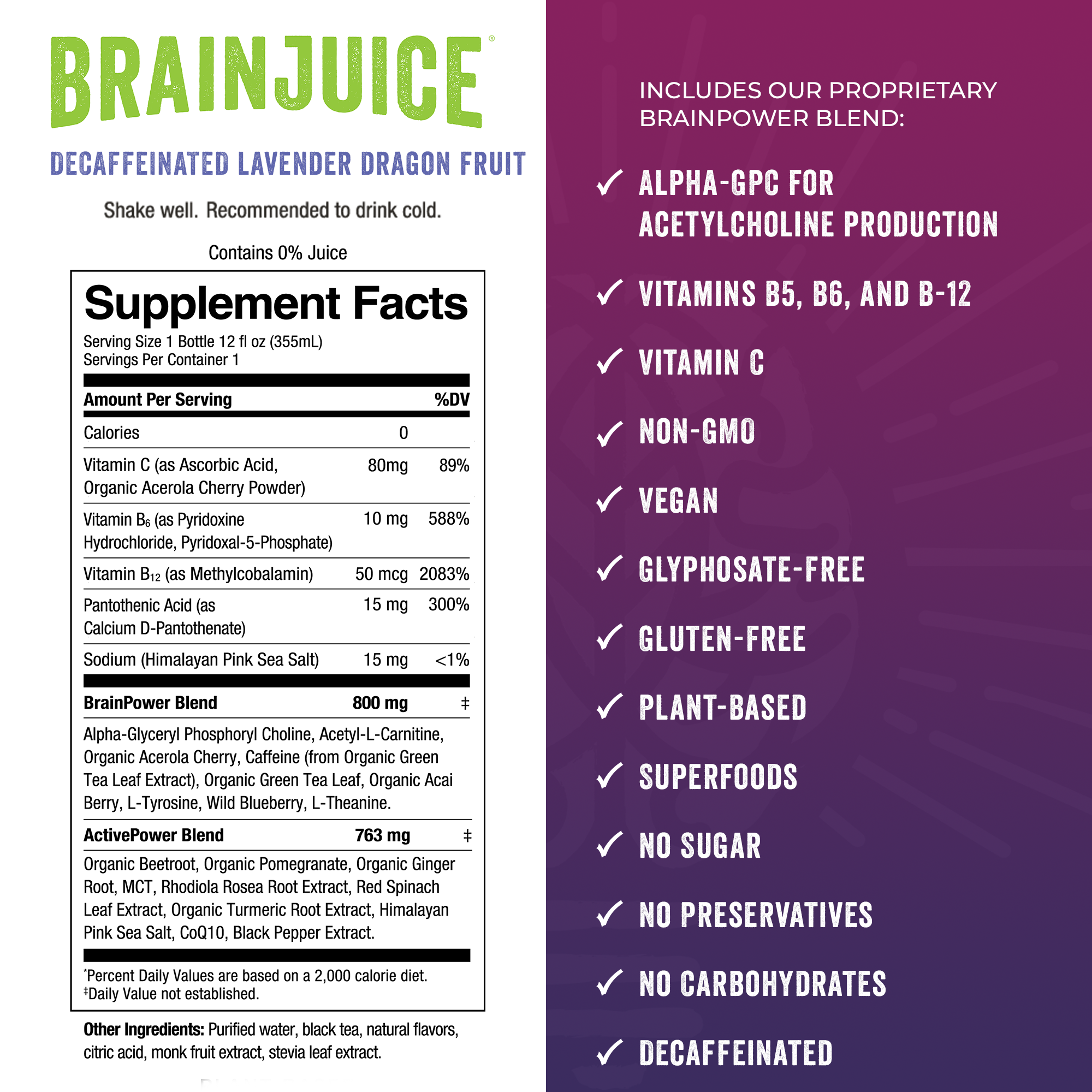 BRAINJUICE DECAFFEINATED Lavender Dragon Fruit 12 fl oz RTD | 6-PACK