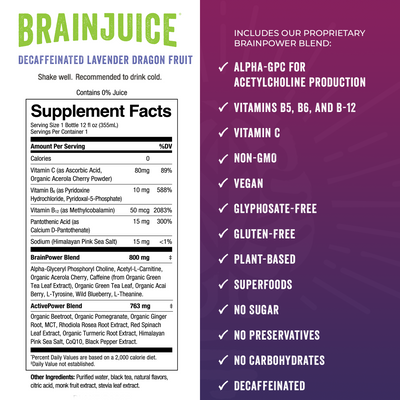 BRAINJUICE DECAFFEINATED Lavender Dragon Fruit 12 fl oz RTD | 6-PACK