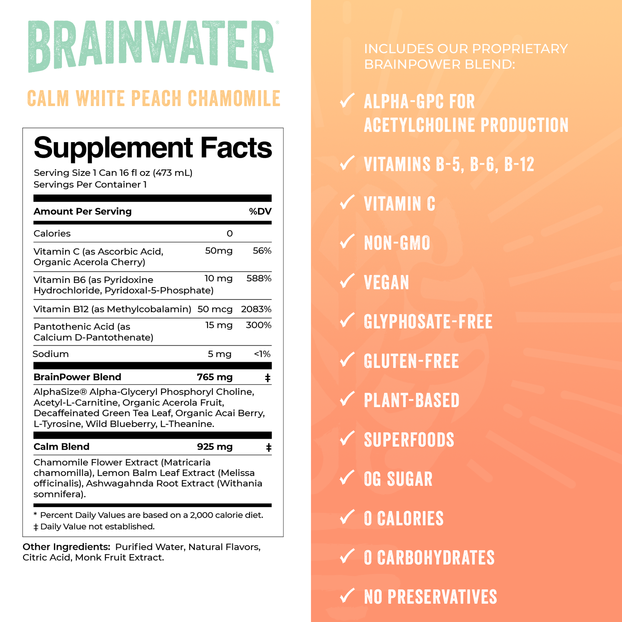 BRAINWATER Calm White Peach Chamomile 16 fl oz RTD 8-Pack