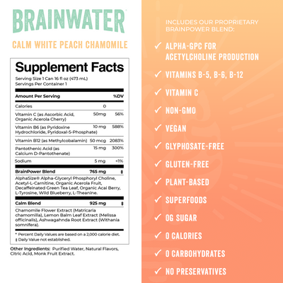 BRAINWATER Calm White Peach Chamomile 16 fl oz RTD 8-Pack