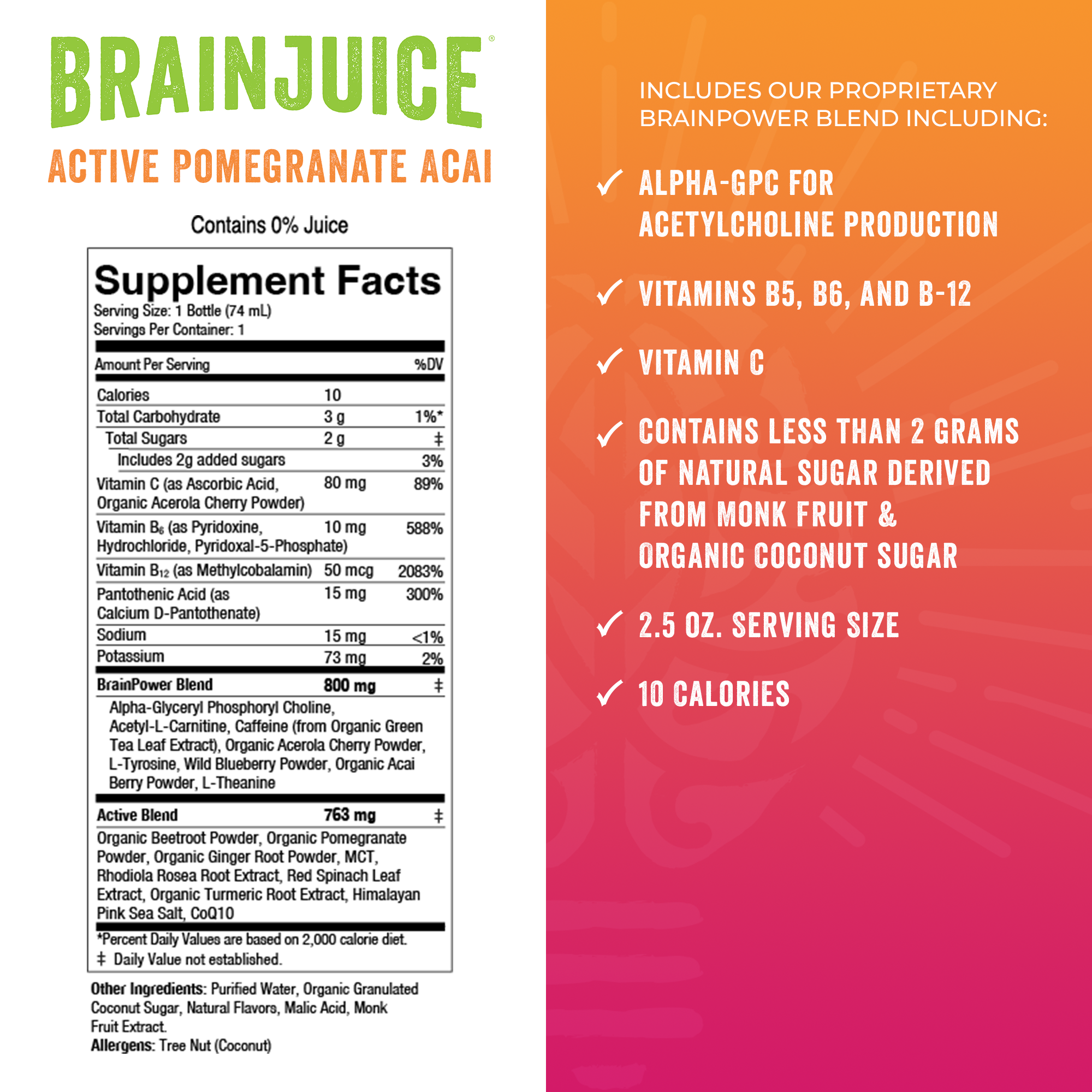BrainJuice Active Pomegranate Acai 2.5 oz. Ready to Drink Supplement | 12-pack