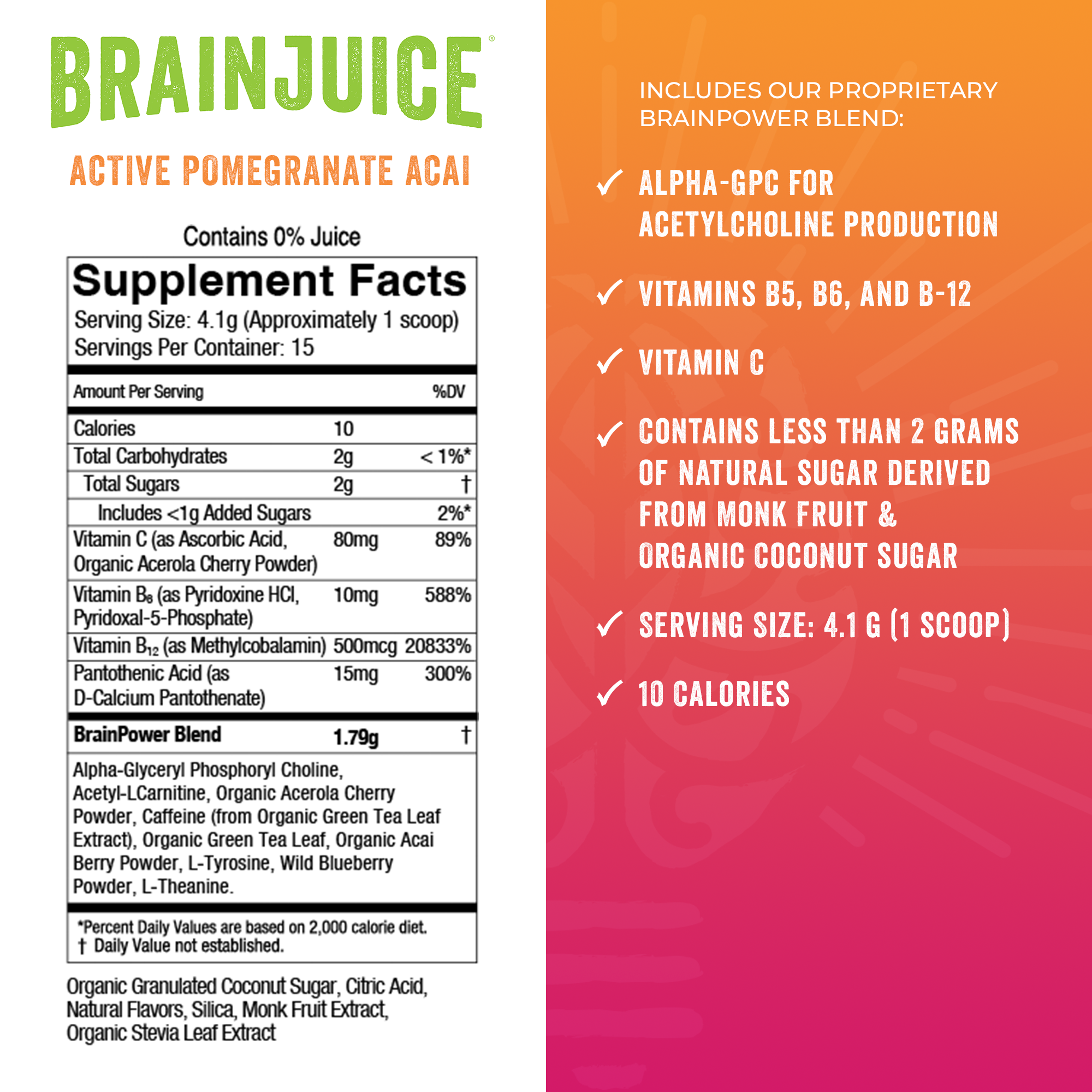BrainJuice ACTIVE Pomegranate Acai Daily BrainPower Mix - 15 Servings