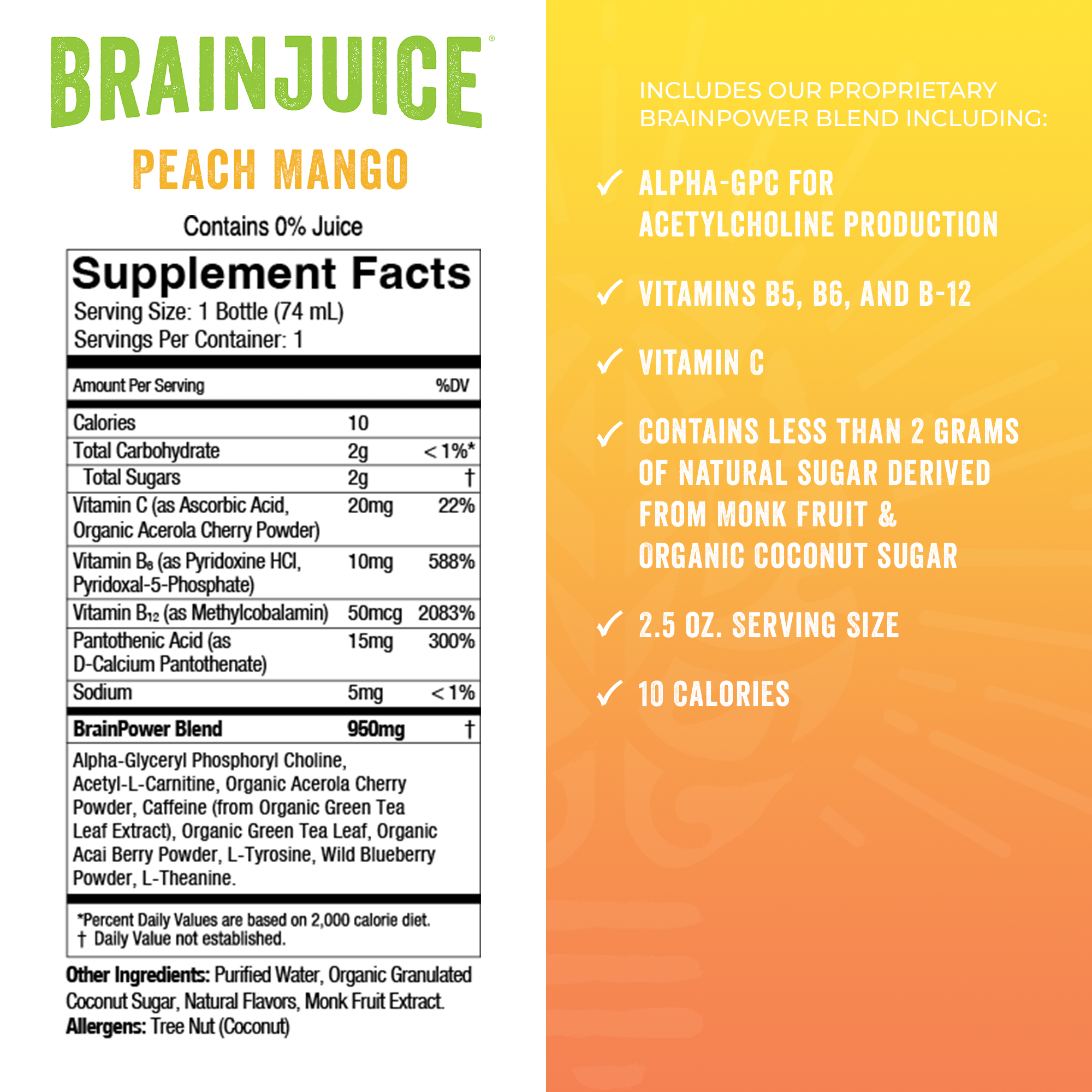 BrainJuice Original Peach Mango 2.5 oz. Ready to Drink Supplement | 12-pack