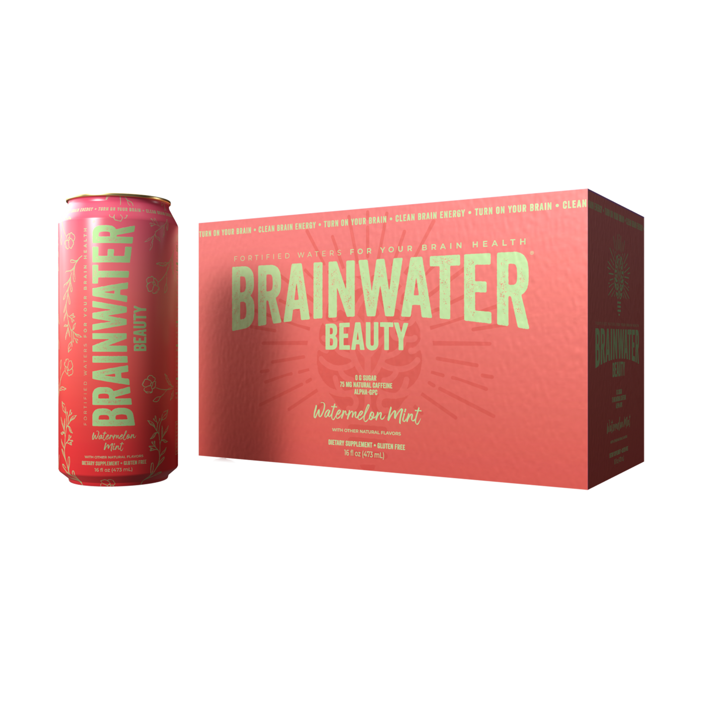 BRAINWATER Beauty Watermelon Mint 16 fl oz RTD 8ct Carton